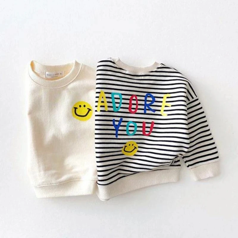 

Baby Boy Casual Sweatshirt New Fashion Smiley Print Baby Long Sleeve T Shirts Cotton Kids Striped Sweatshirt Girl Spring Autumn