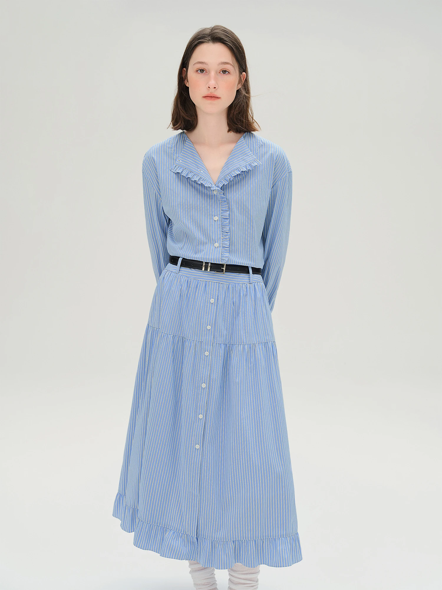 DUSHU Blue Ocean Mark Plus Size Women's Wooden Collar Striped Shirt Skirt Set 2025 Autumn Fashion Collection 25DS83326+25DS83327
