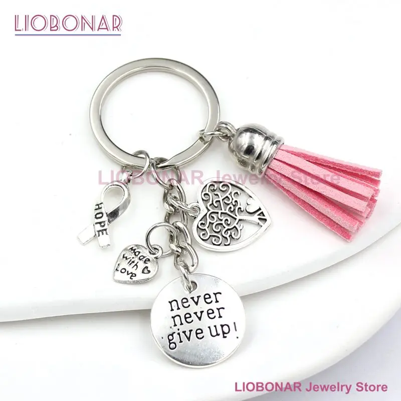 New Arrival Breast Cancer Awareness Pink Ribbon Tassel Keychains Keyring Heart Life Tree Never Give Up Charms Key Chain Jewelry