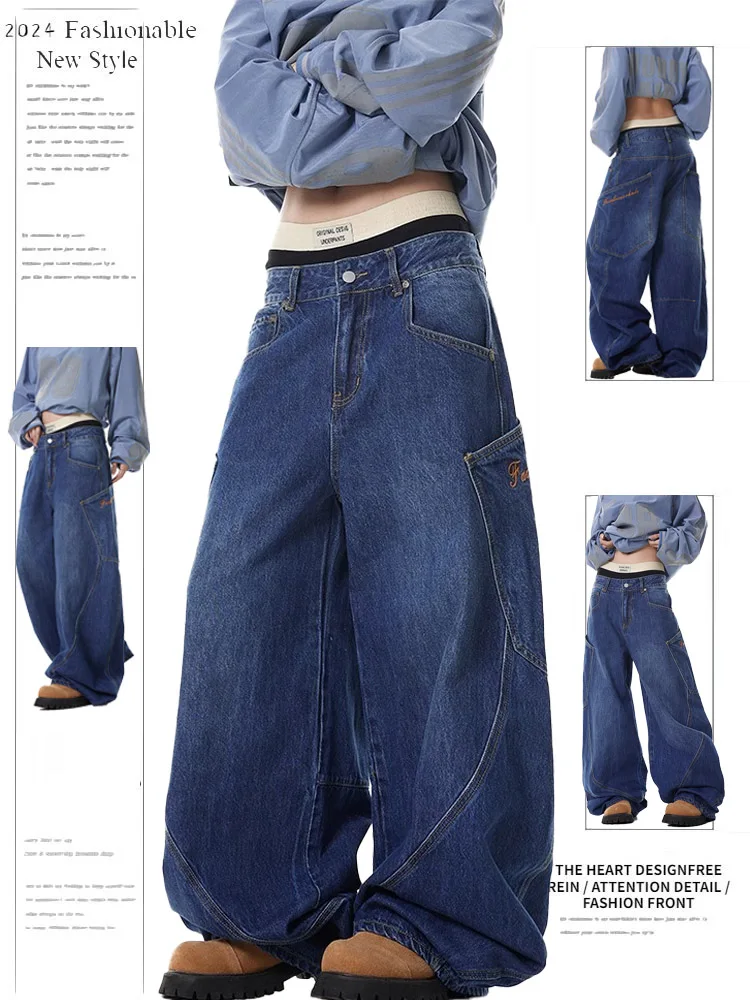 

Ретро-джинсы в американском стиле с вышивкой, женские, весна-осень, новый дизайн, свободные, широкие штанины, в пол, модные