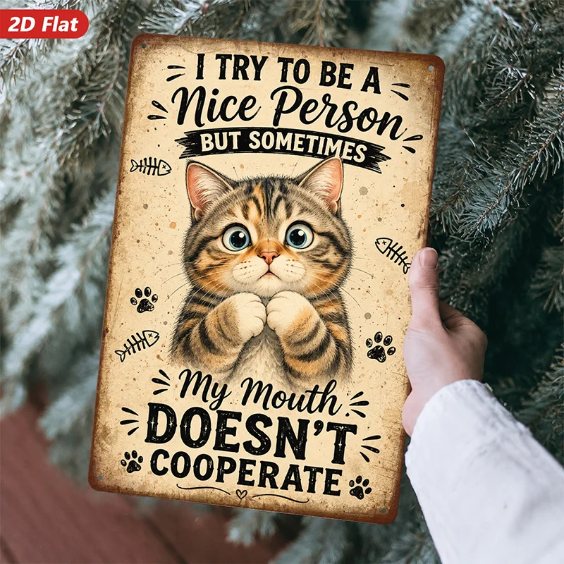 2D Flat, Metal Sign Wall Art, Cat Artwork,Quote 