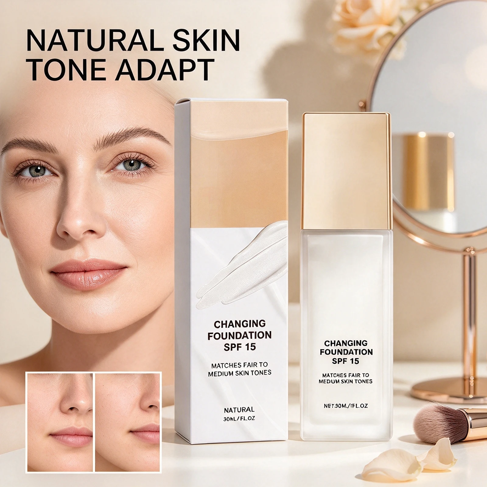 Color Changing Foundation SPF15 Lightweight Long Lasting Hydrating Covers Pores Buildable Natural Coverage Daily Makeup Base
