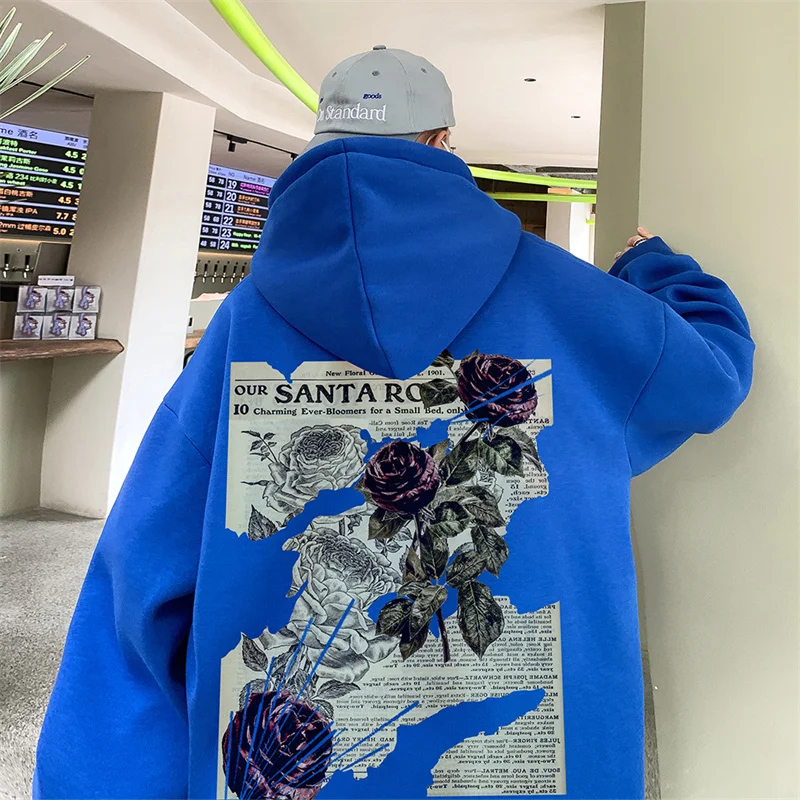 Y2K Vintage Rose Graphic Print Hoodies For Men Goth Fashion Streetwear Clothes Casual Fleece Hip Hop Loose Pullover Sweatshirts