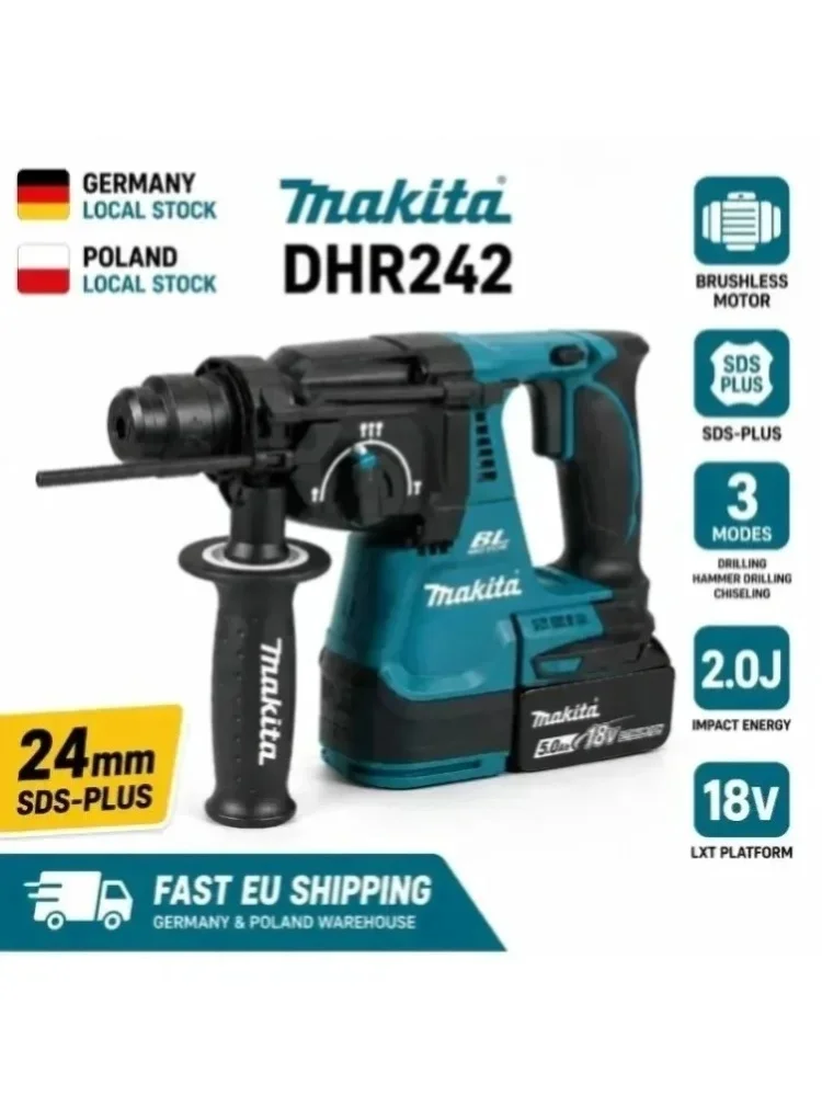 Original Makita DHR242 18V Bürstenloser Bohrhammer Combo-Set, Echter Makita BL1860B 6,0Ah Akku Inklusive, 24mm SDS-Plus, 2,0J Schlagkraft, 4700 BPM, Schneller EU-Versand