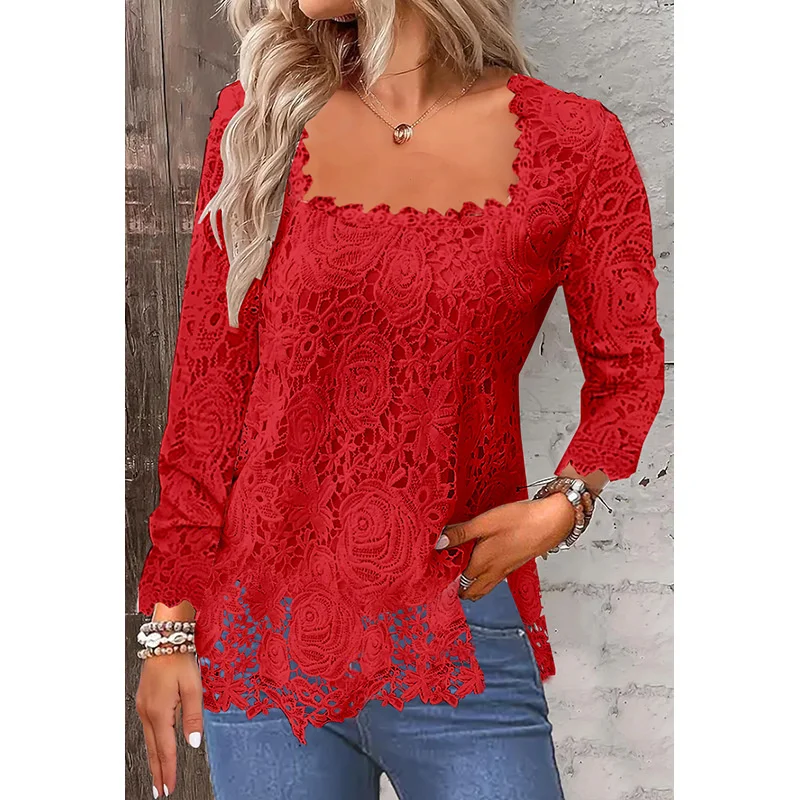 Women Square Neck Lace Shirt Autumn Winter Comfortable Casual Commuter Pullover Blouse Elegant Female Solid Color Bottoming Tops