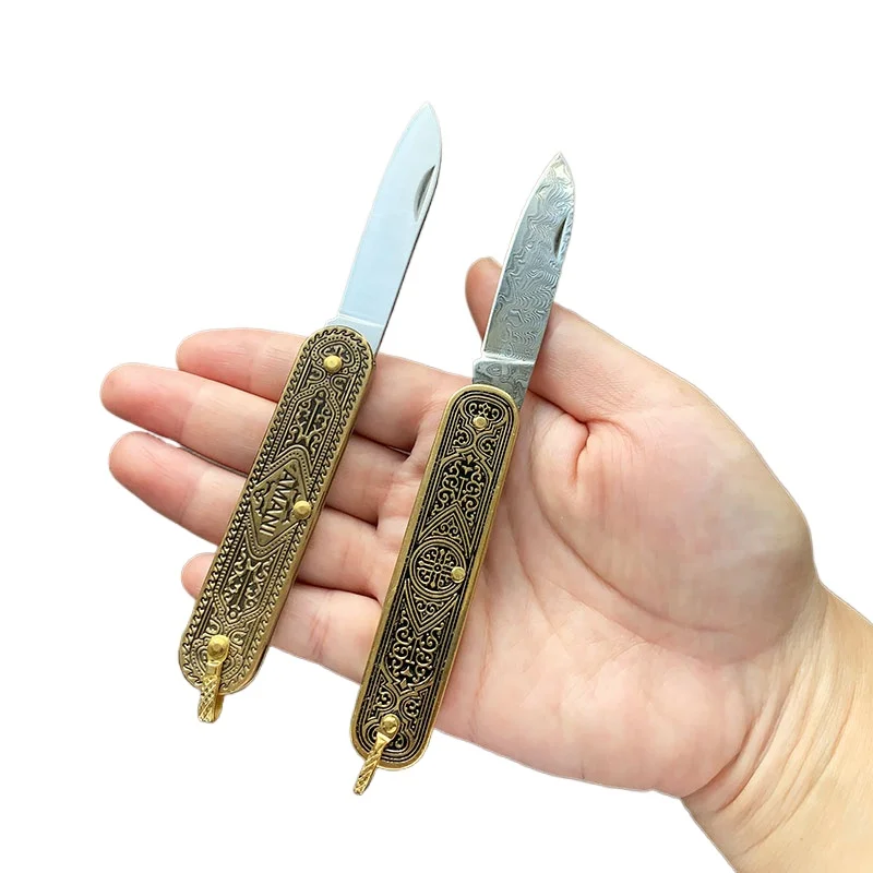 VG 10 Damascus Steel / Stainless Steel Unlocked Small Folding Blade Knife Brass Handle Outdoor Camping Portable Pocket Knives