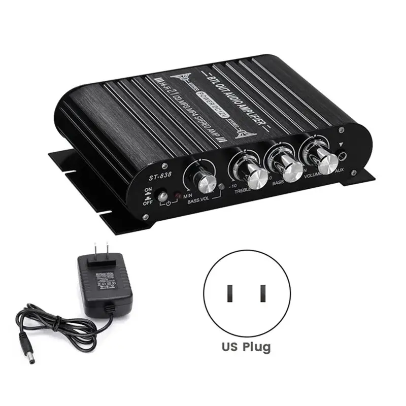 Y47A ST-838 Mini HiFi 2.1 Channel Amplifier, Stereo for Bass Sound for Amp for Car Home, for Bass Treble Adjustment, 12V, US