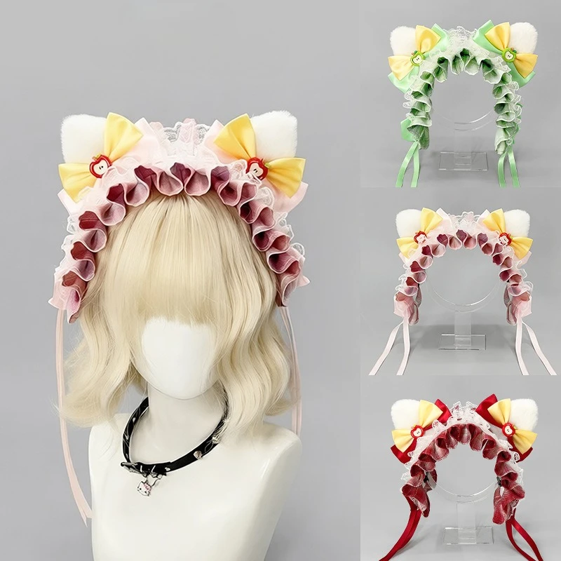Sweet Lolita Plush Cat Ear Ruffled Lace Headband Bow Ribbon Streamer Kawaii Girls Party Hair Accessory 3 Colors