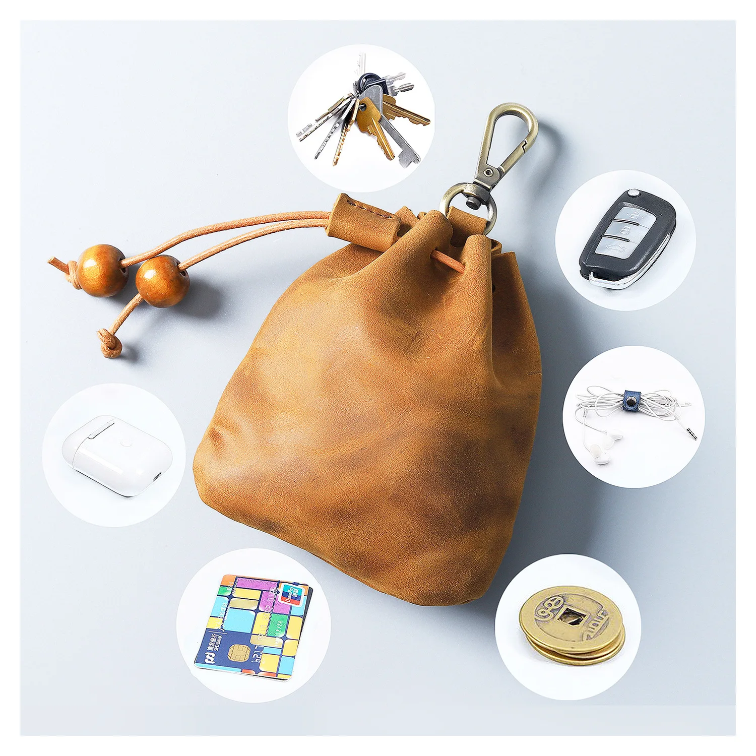 Handmade Vintage Genuine Leather Drawstring Coin Purse Mini Portable Soft Leather Key Wallet For Ladies