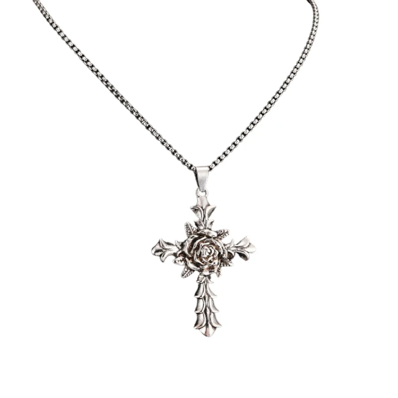 Vintage European American Rose Cross Pendant Necklace Hip Hop Creative Necklaces Trendy High-end Male Jewelry Accessory