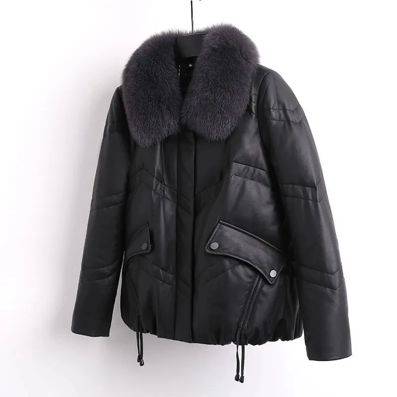 PU Leather Down Cotton-Padded Jacket Women Overcoat Winter New Imitation Fox Fur Collar Thick Warm Parker Coat Loose Short Coat