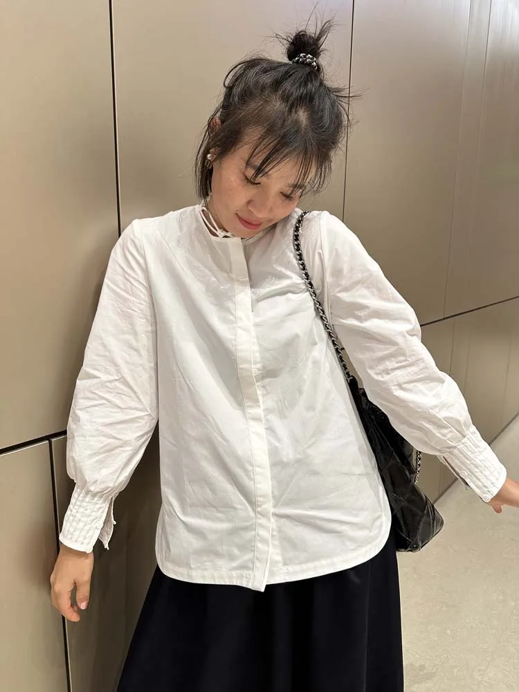 

Elegant Pure Cotton Loose Chinese Style Shirt Women's Lantern Sleeve Breathable Casual Business Top Hollow out Design