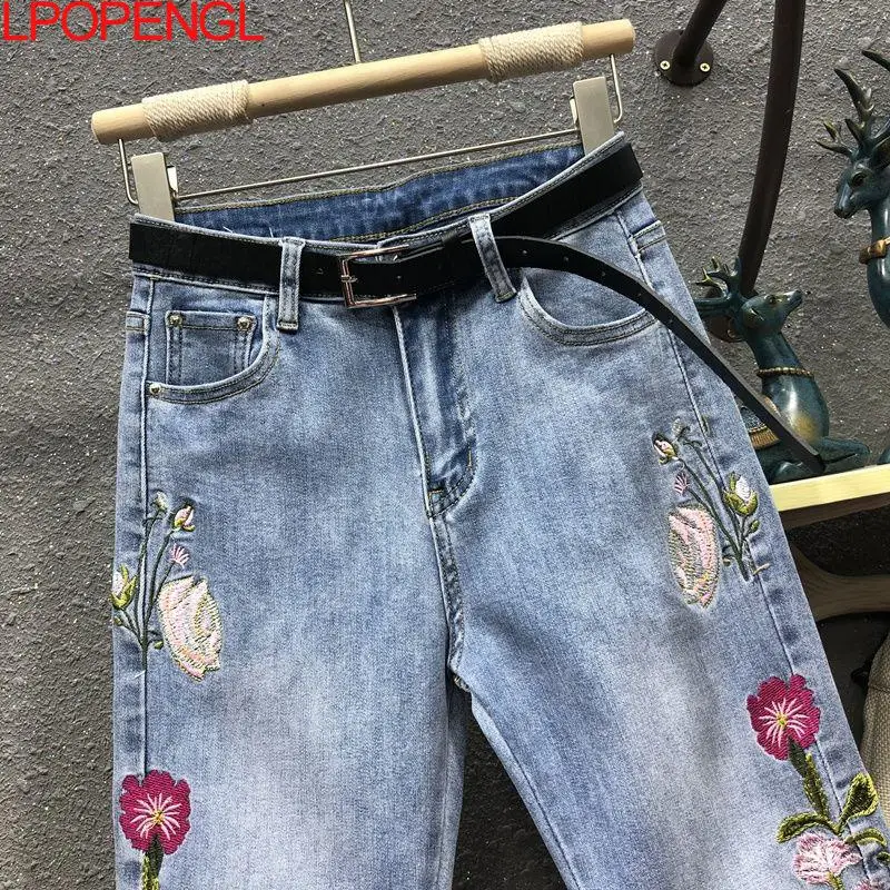 Jean Vintage Brodé de Fleurs pour Femme, Pantalon en Denim, Longueur de Rinçage, Sarouel Décontracté, Nouvelle Collection 2023