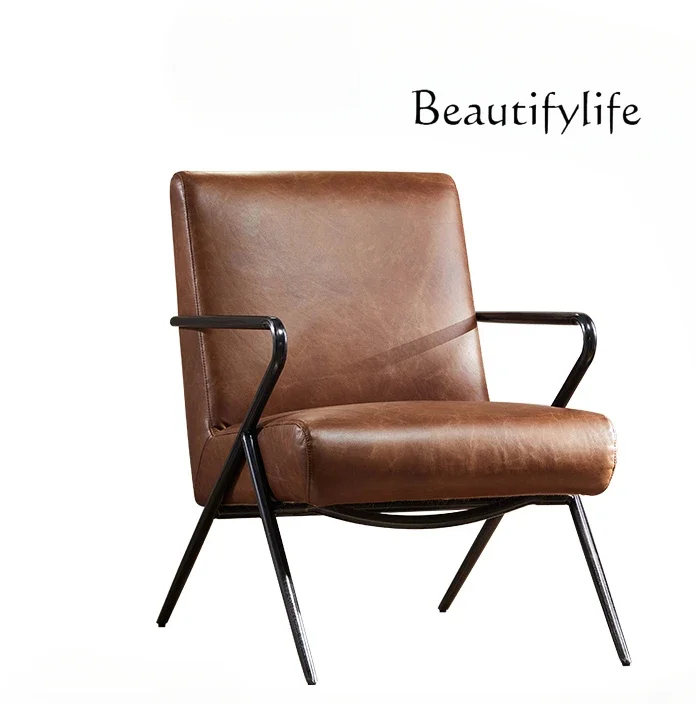 D29 Modern Simple Nordic Oil Wax Leather Wrought Iron Single Sofa Living Room Balcony Medieval Casual Leather Recliner