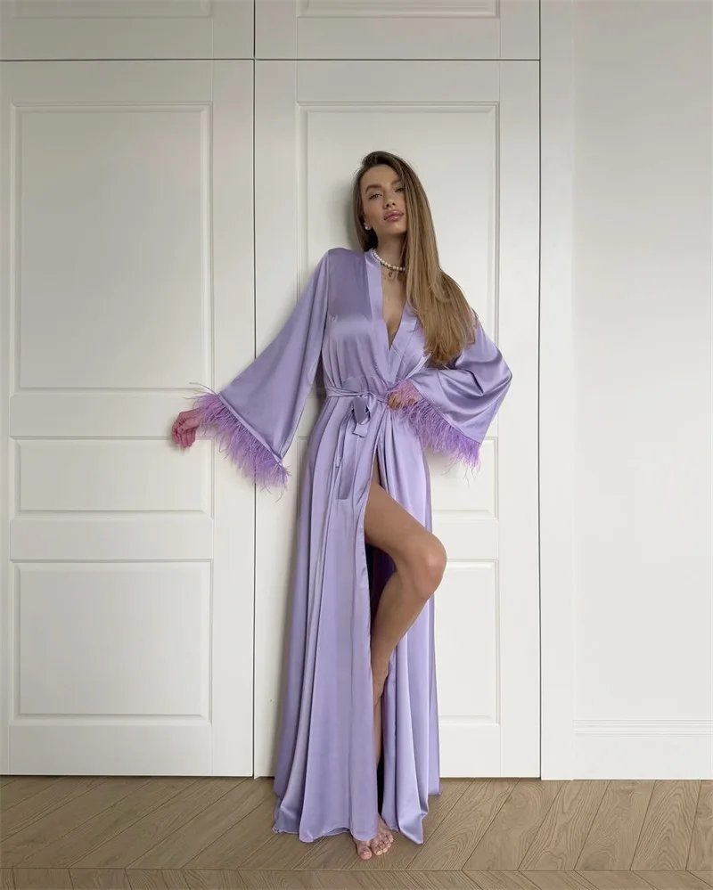 

Purple Prom Dress Feather Satin Bridal Morning Robe Sexy Full Sleeves Belted Party Night Gown Formal Wedding Guest Evening Skirt