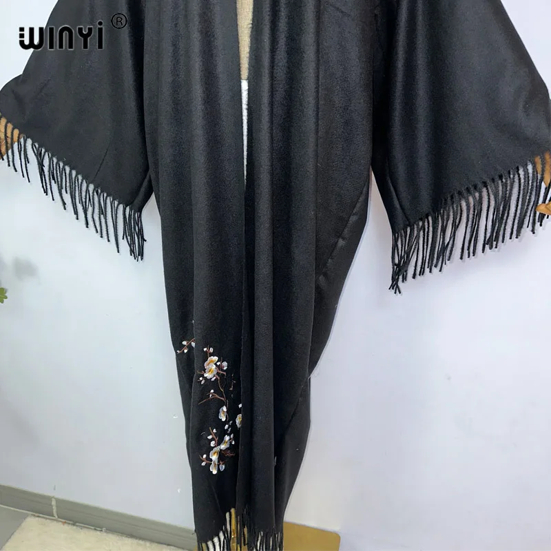 2023 WINYI Winter Women tassel Pashmina Embroidery Long Coat Loose Lapel OverCoat Thick Warm free size Middle East Female KIMONO