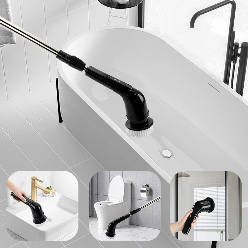 แปรงทำความสะอาดไฟฟ้าไร้สายมัลติฟังก์ชั่น 9 หัวเปลี่ยนด้ามยาวสำหรับห้องน้ำห้องครัวทำความสะอาดบ้านแบบชาร์จไฟได้