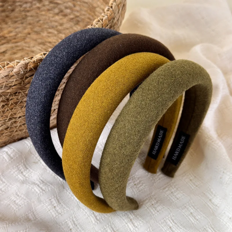 Vintage Autumn Winter Woolen Thick Sponge Headband Soft Brushed Solid Color Hair Hoop Daily Commute Versatile Hair Accessory
