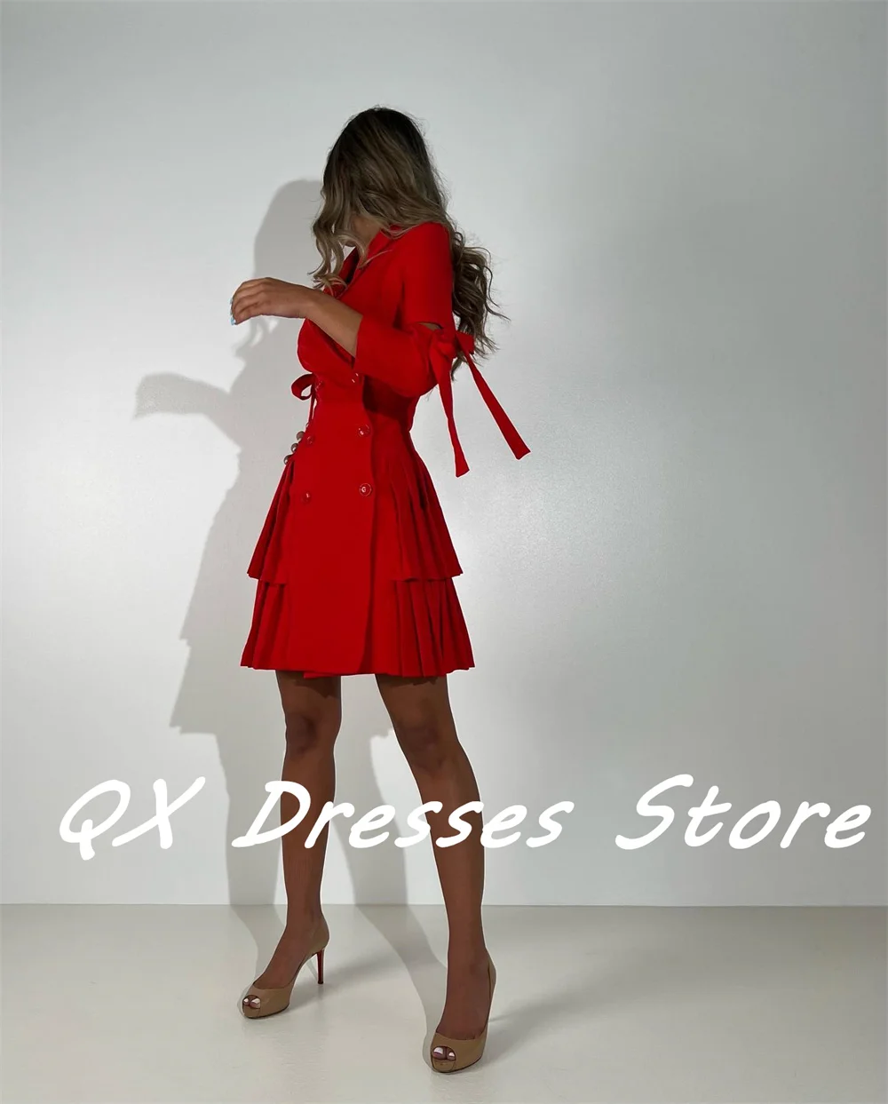 CustomizedV-Neck A-line Mini Prom Dresses Full Sleeves Pleat Party Gown Ruffle Draped Simple Cocktail  فساتين للحفلات الراقصة