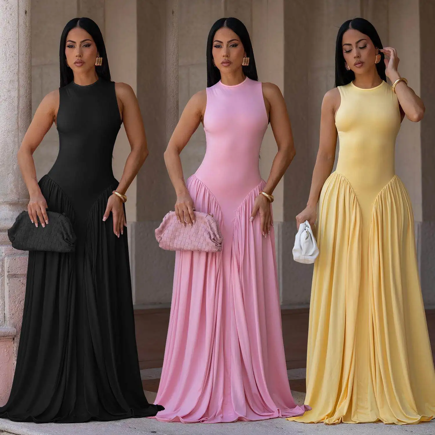 

Elegant Pure Color round Neck Sleeveless Dress Fashionable Women's Clothing Cross-Border Style Autumn Season China Made