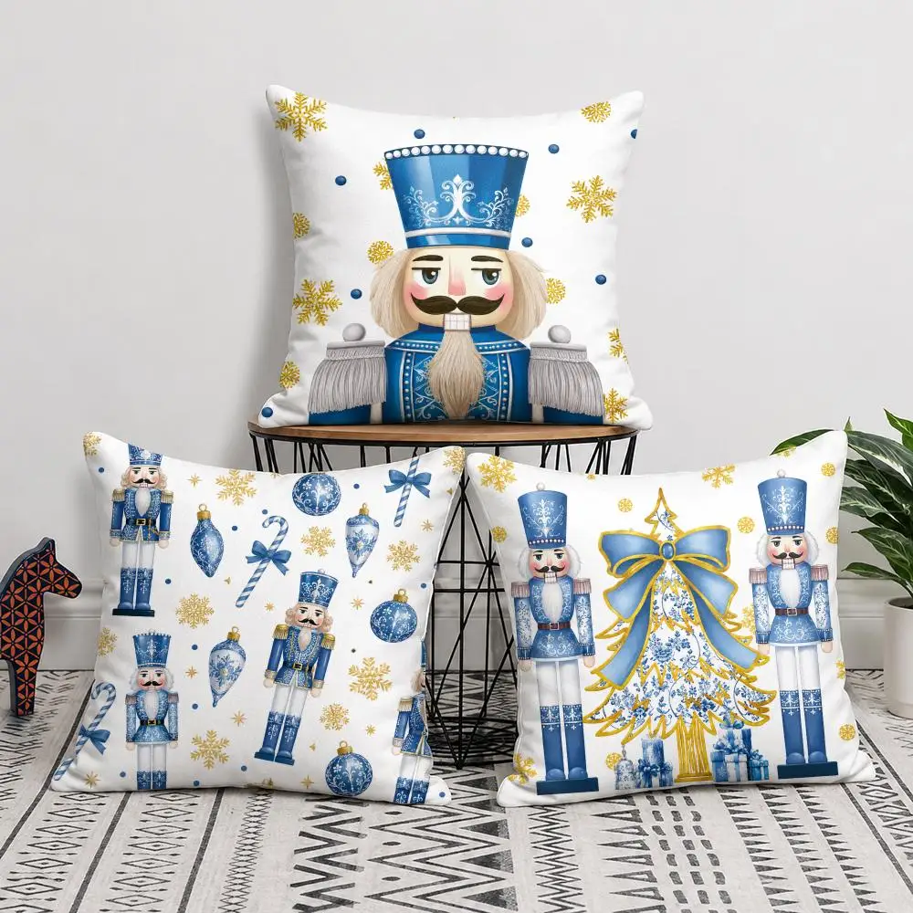 Nutcracker Christmas Snowflake Cushion Cover Soft Short Plush Double-Sided Printing Home Decor Festival Party Pillow Case Gift