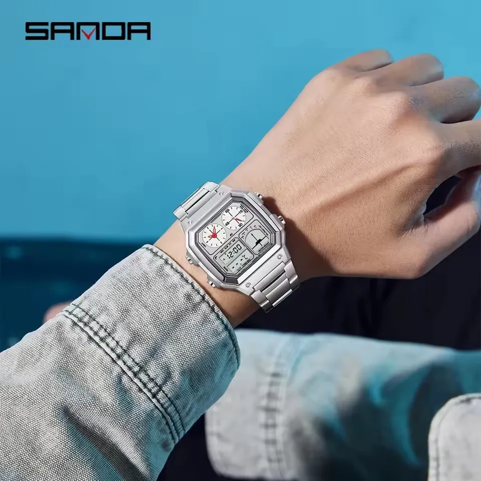 SANDA 6257 Orologio elettronico da uomo Calendario della moda Luminoso cinturino in acciaio inossidabile impermeabile Sveglia Orologi digitali sportivi