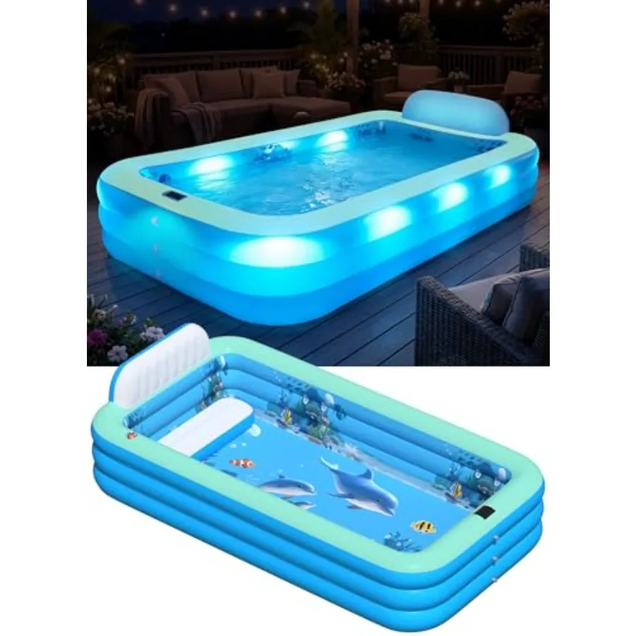 

Extra Large Inflatable Pool With Lights, Solar Powered Blow Up Pool for Adults,Inflatable Swimming Pool with Seat Backrest, Big