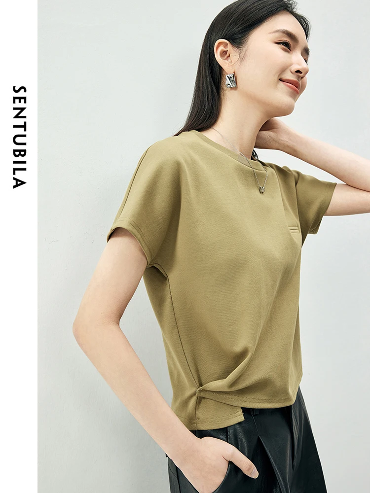 

SENTUBILA Casual Cotton Cropped T-shirt 2024 Summer New Round Neck Straight Short Sleeve Top Solid Womens Pullovers 142T54155