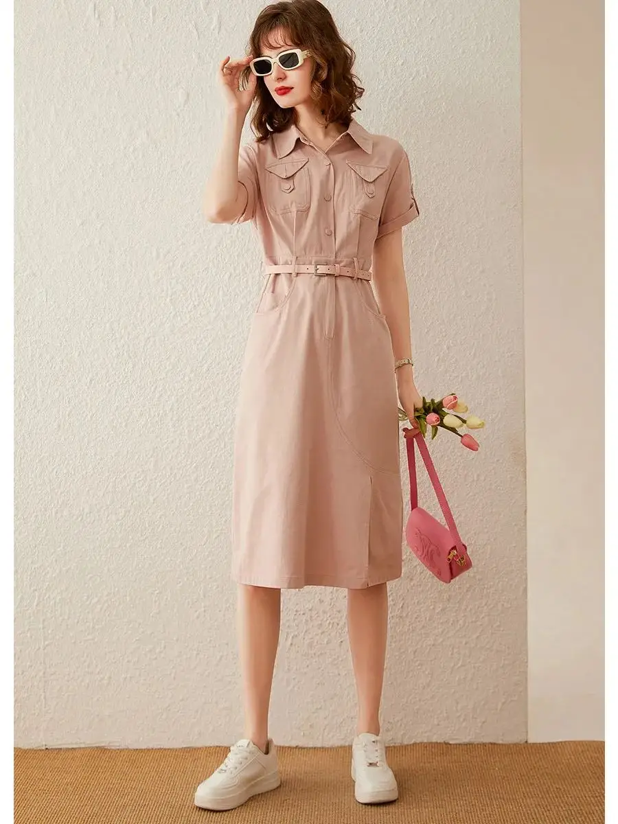 LOUIS YAO Women Denim Dress Retro Style 2024 Summer Safari Dress with Belt Turn Down Collar Short Sleeve Knee Length Dress