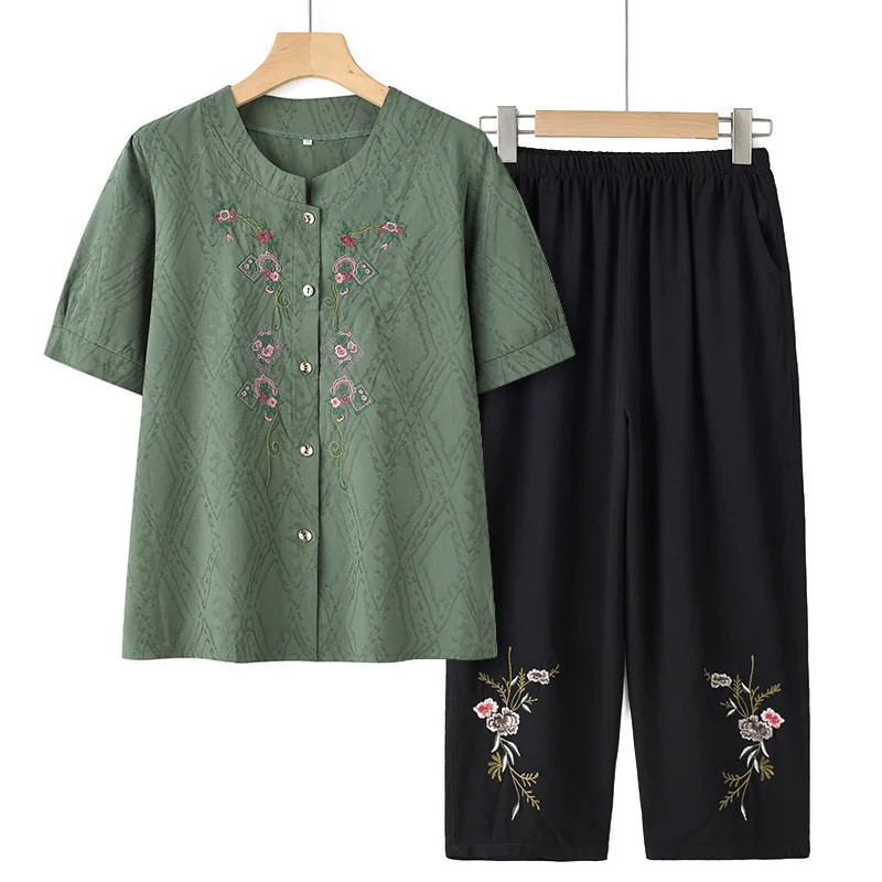 Grandma\'s Summer Short Sleeve Shirt Pant Sets Cardigan 2 Piece Sets Women Outfit Embroidery Print Cotton Linen Mother Suit