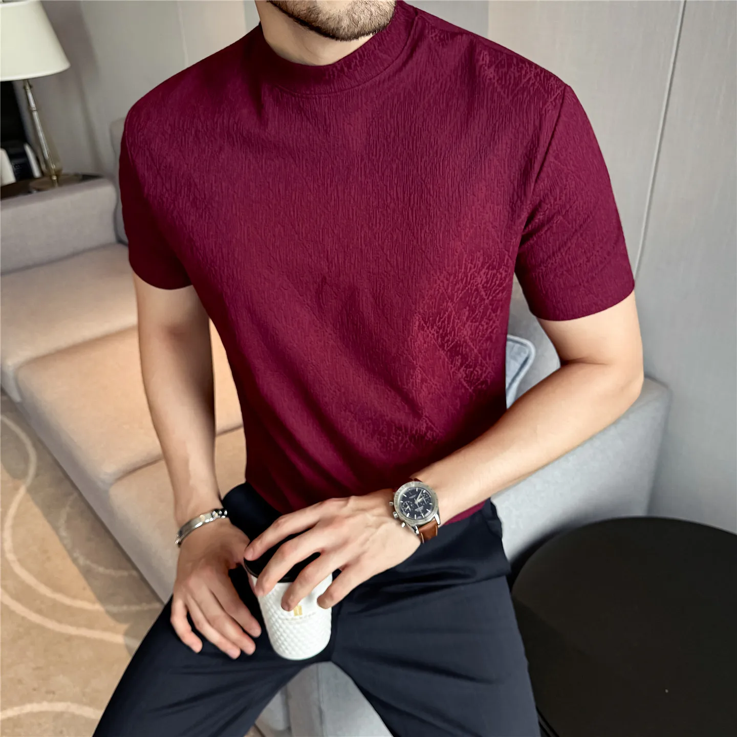 

Осень-зима, жаккардовая футболка с ромбовидным узором, мужские повседневные деловые футболки с полувысоким воротником, высококачественная универсальная базовая рубашка