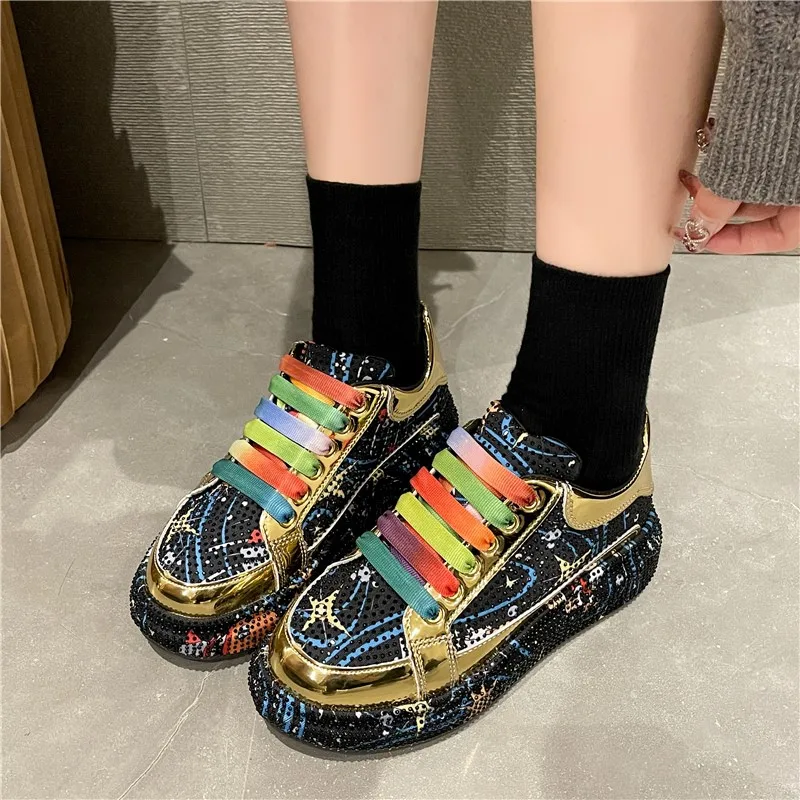 Fashion Lace-up Flat Bottom Platform Sneakers Casual Skateboard Shoes Luxury Vulcanized Shoes Women's Graffiti Print Sneakers 43