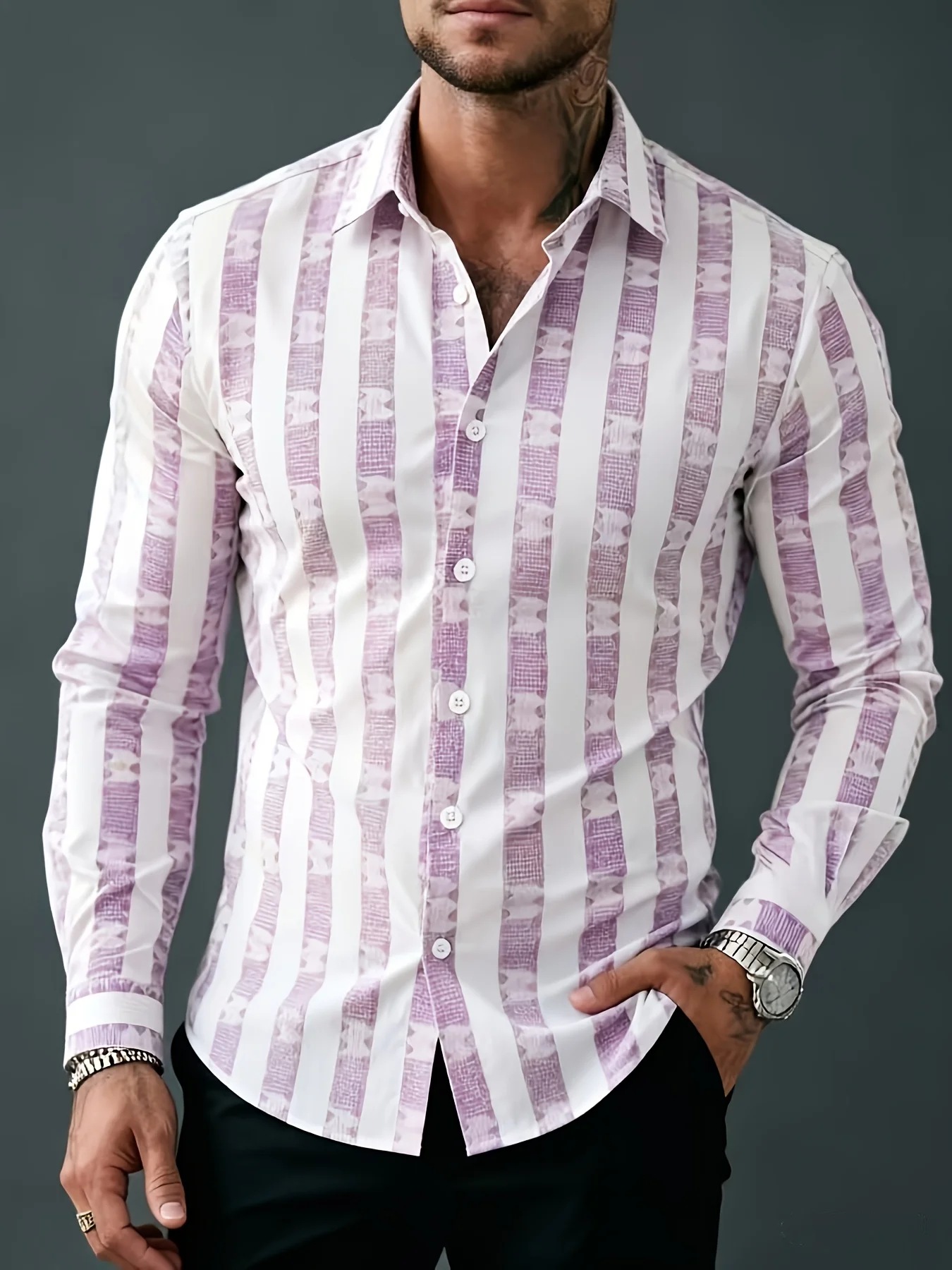 Men Long Sleeve Button Down Shirt Purple White Vertical Stripe Vintage Floral Print Polyester Lapel Collar Business Casual