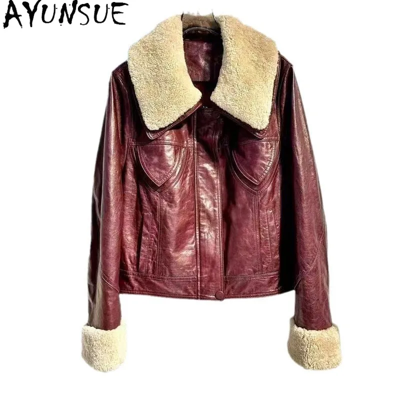 AYUNSUE 100% Real Leather Jacket Woman Clothes Autumn Winter Womens Coats Lamb Wool Collar Sheepskin Streetwear Casaco Feminino