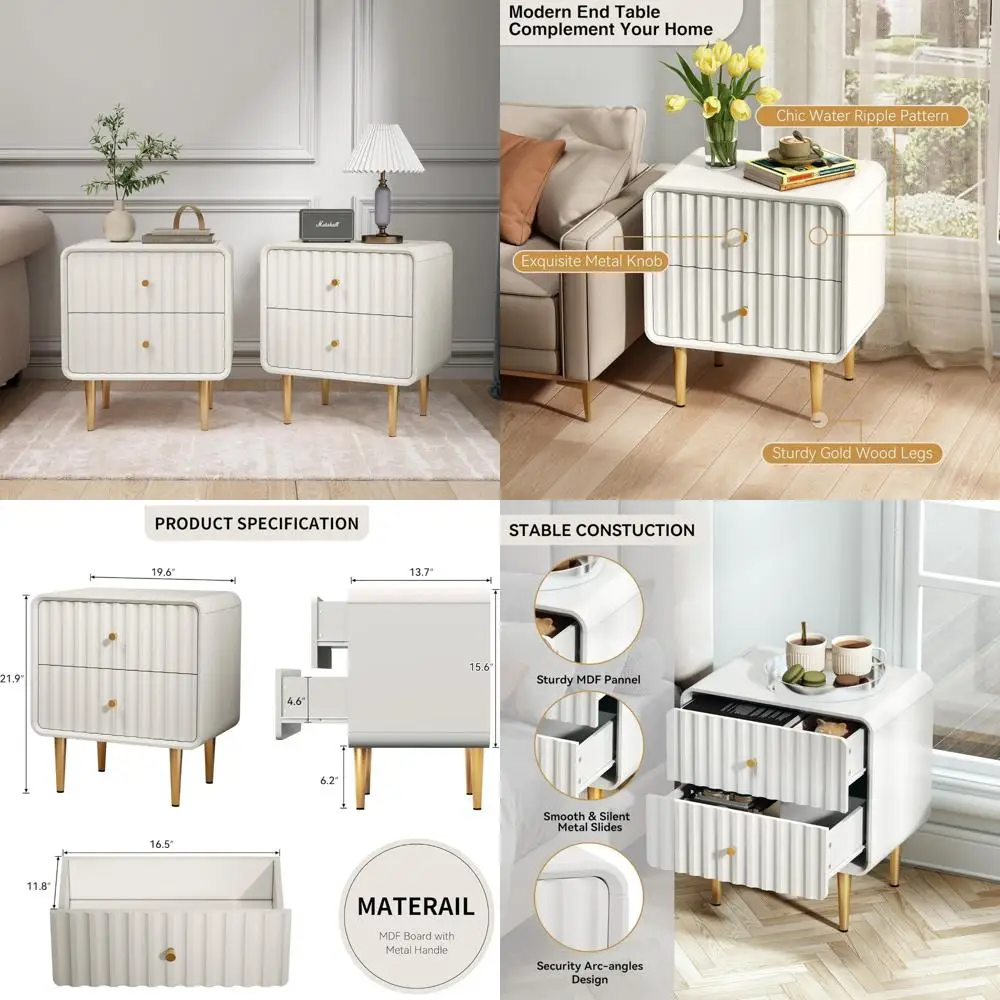 modern nightstand set of 2, fluted bed side table with 2 drawers storage, wood end table with gold metal handle, white night st