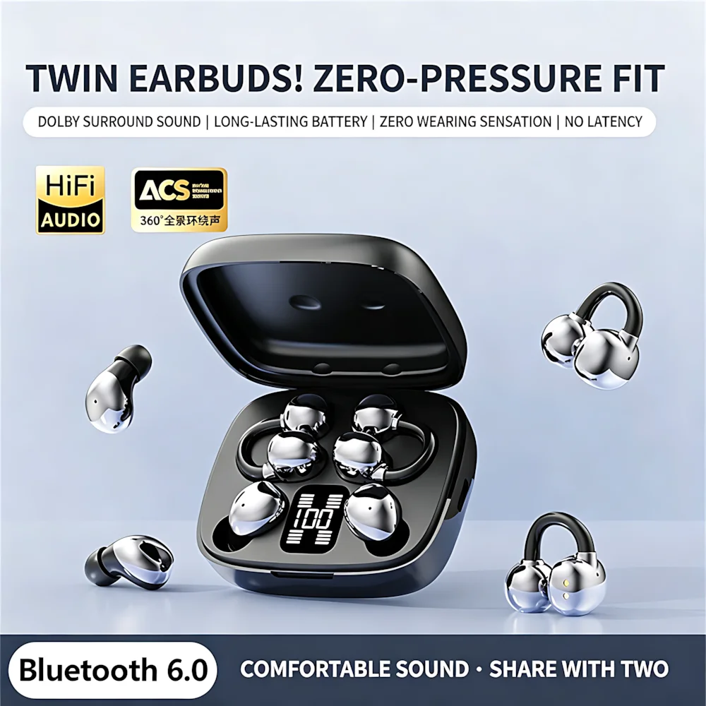 New Electroplating Wireless Bluetooth Double Headphones Ear Clip Type Two-In-One Two Pairs Sound Insulation Bluetooth Earphones