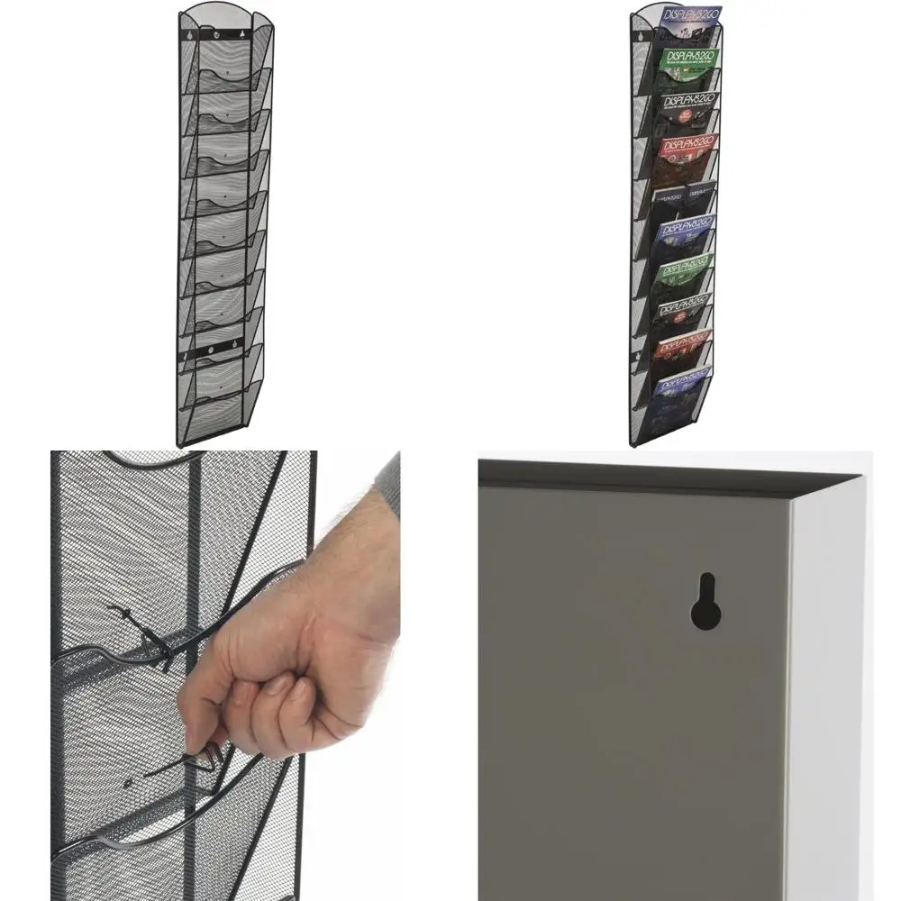 

Настенная стойка для литературы из черной стальной сетки с 10 регулируемыми карманами для папок с файлами