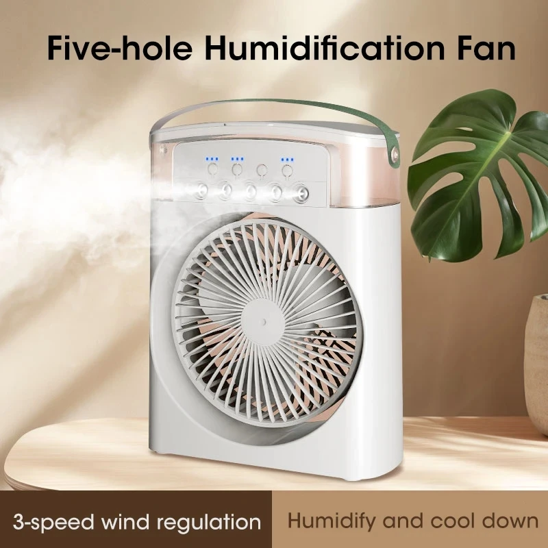 

Five Hole Spray Fan Humidification Refrigeration Air Conditioning Fan Desktop Dormitory Portable Air Cooler 7 Colors LED Light