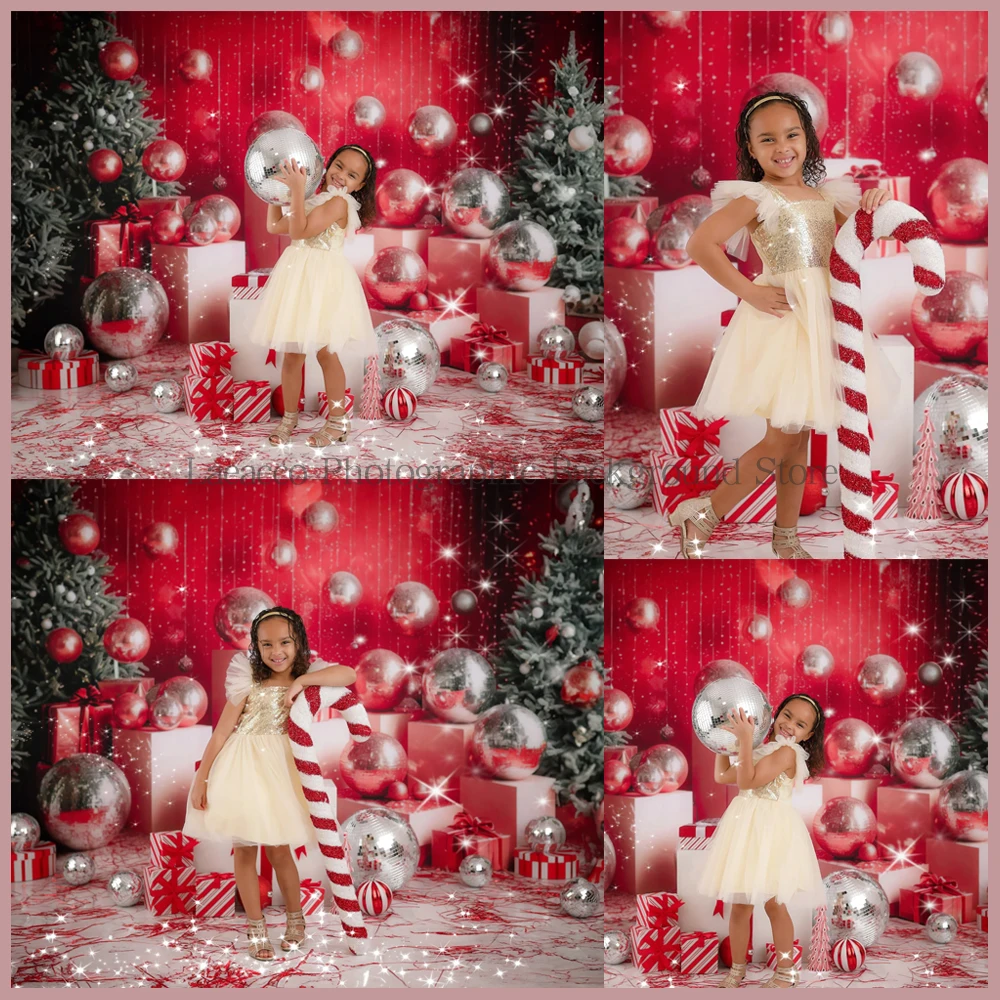 Christmas Vintage Disco Silver Balls Red Wall Background Gift Xmas Tree Party Children Portrait Photography Backdrop Studio Prop