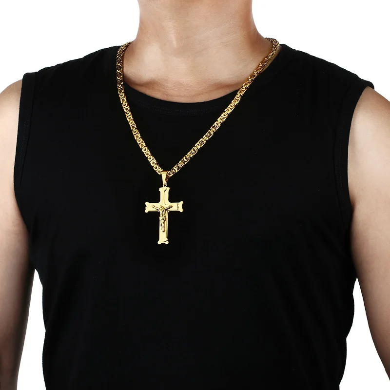 Edelstahl Kruzifix Jesus Byzantinische Gliederkette Halskette Fischgrätenmuster Kreuz Anhänger Halskette Katholischer Schmuck Männer Geschenk – Detail 4