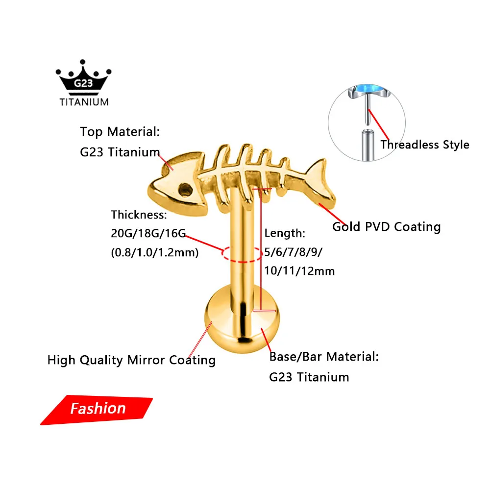 ASTM F136 G23 Titanium Fish Bone Threadless Piercing Pin Push in Lip Stud Daith Conch Tragus Flat Back Earring 16G 18G 20G