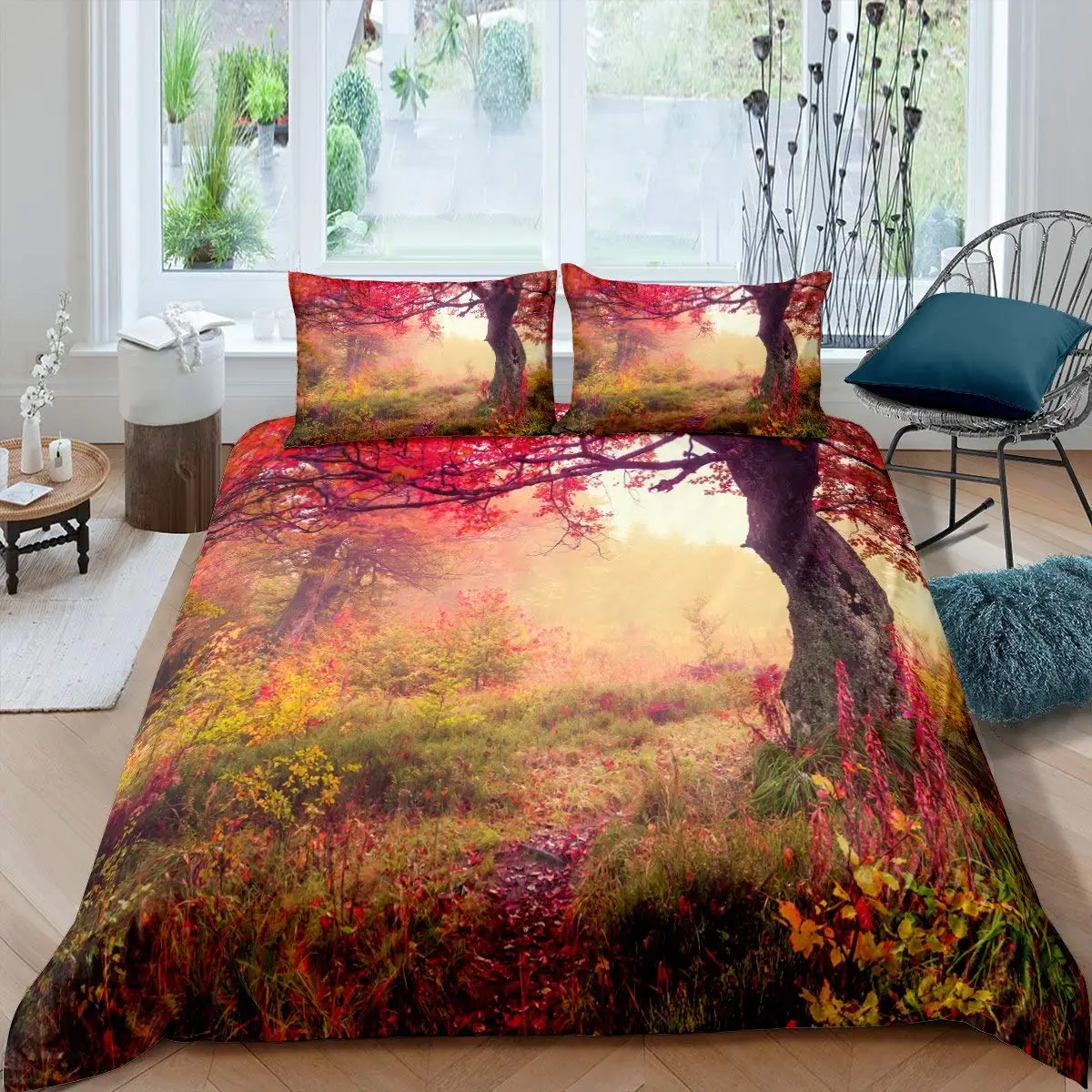 Watercolor Duvet Cover Set Tree Stump Decor Bedding Set 3pcs for Kids Boys Teens Field Landscape Printed Soft Comforter Cover