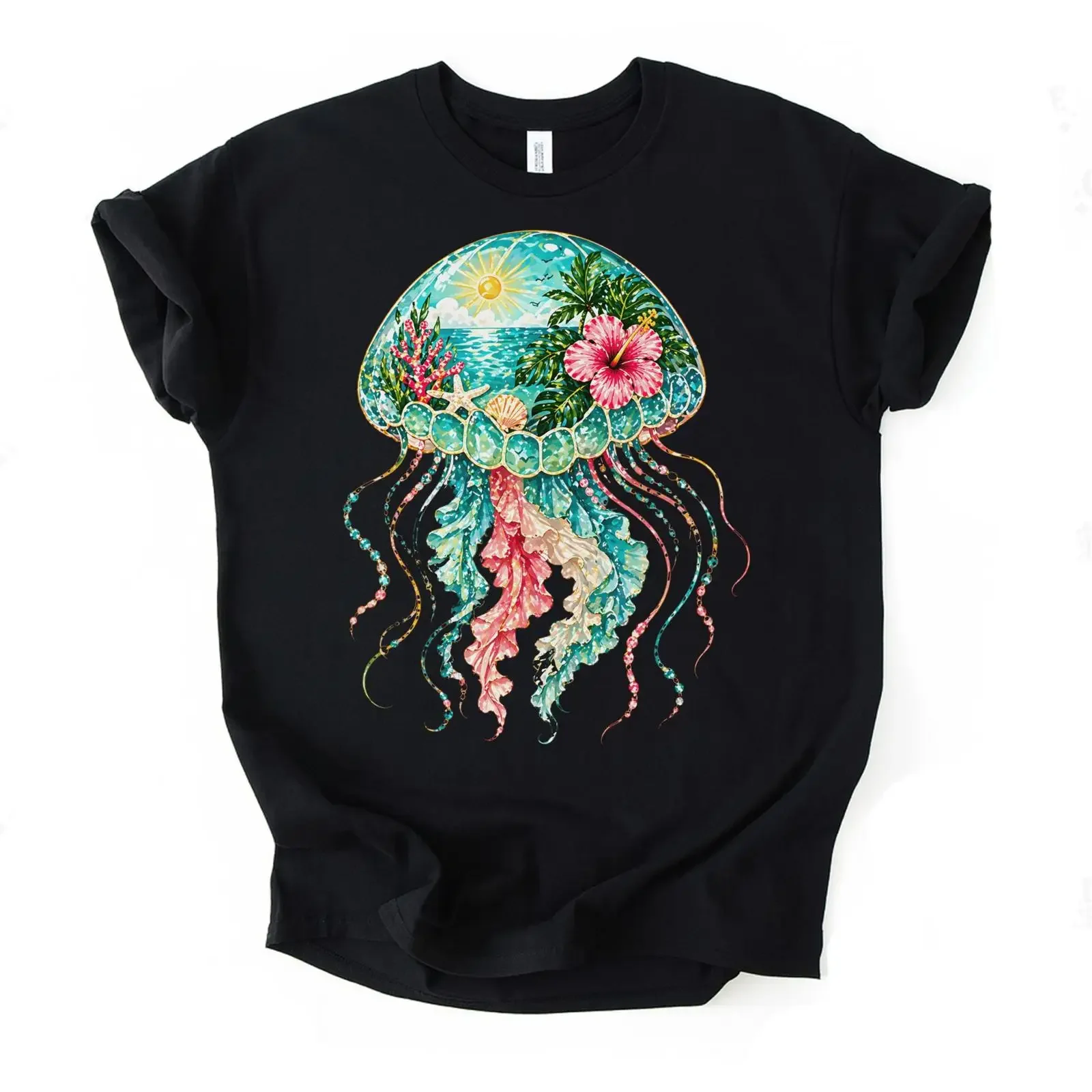 Vibrant Tropical Jellyfish T Shirt Artistic Ocean Beach Design Colorful Summer Marine Life Casual Coastal Art vintage Washed