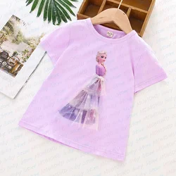 Disney Frozen Princess Elsa Rainbow Print Children New Arrivals Cotton T Shirts Fashion Girl's Round Neck Short Sleeve T-shirts