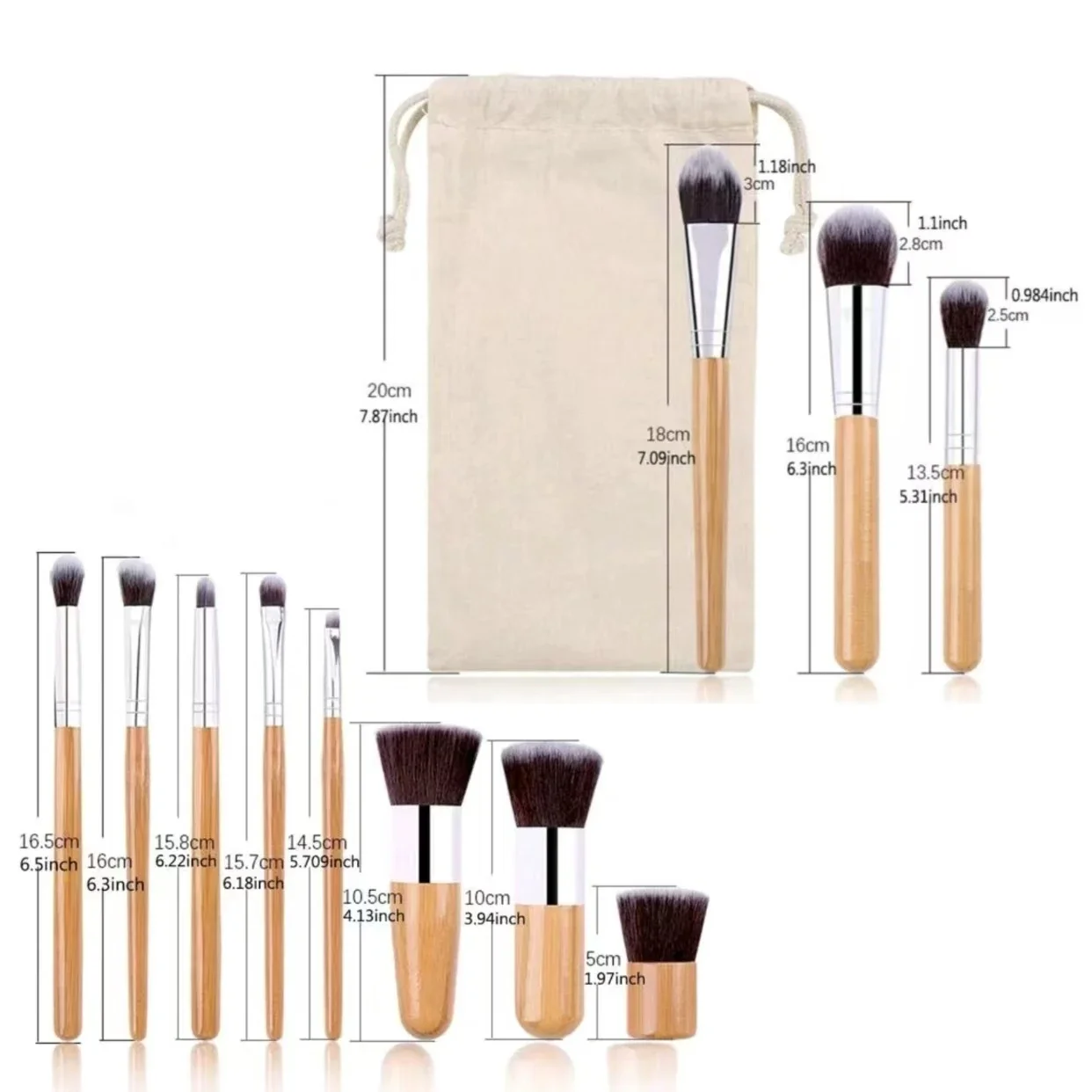 Set di pennelli per trucco con manico in bambù naturale da 11 pezzi, set di strumenti per trucco per fondotinta e borsa in cotone