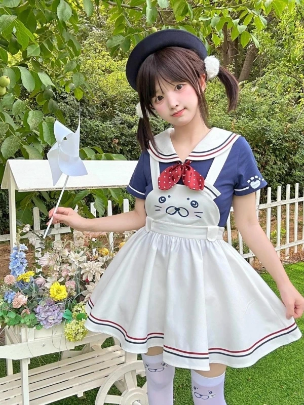 الصيف كلية Sle الحلو الياقة البحرية البولكا نقطة طباعة عقدة ort Sve أعلى مع حزام Cinching الخصر ort تنورة... #4