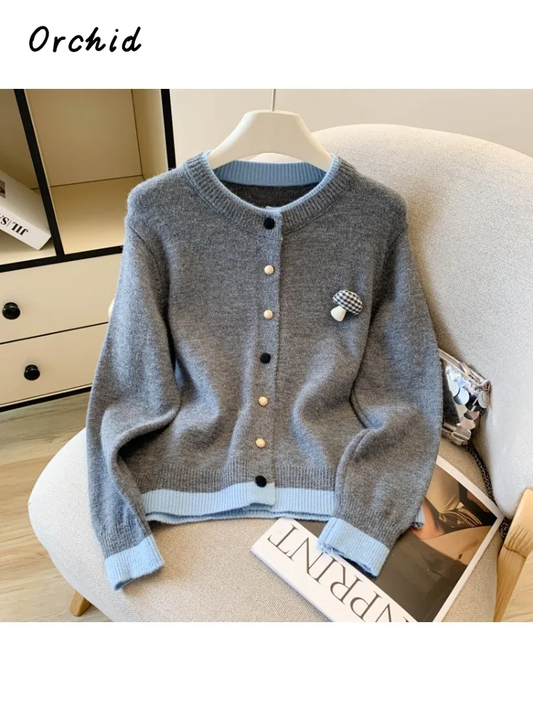 

Women Casual Style O-Neck Knitting Long Sleeve Cardigans 2025 Winter Fashion Patchwork Single Breasted Ladies Grey Sweater