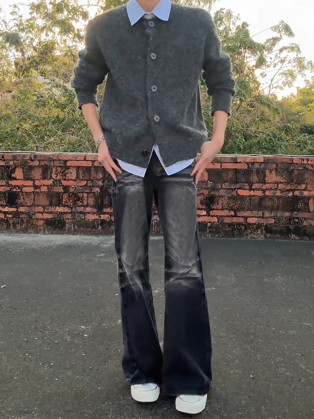 

Мужские джинсы-клеш с эффектом похудения, прямые, в американском стиле High Street, со средней посадкой, на молнии