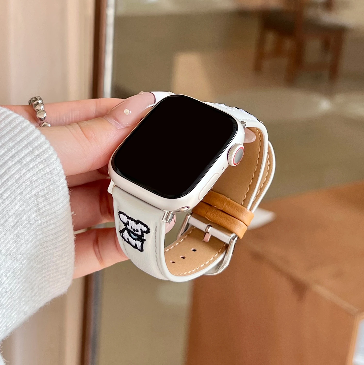 Embroidered leather strap for Apple Watch 46 49 42 S10 45 44 40 38mm Cute Puppy for iwatch Series ultra Strap 987SE643