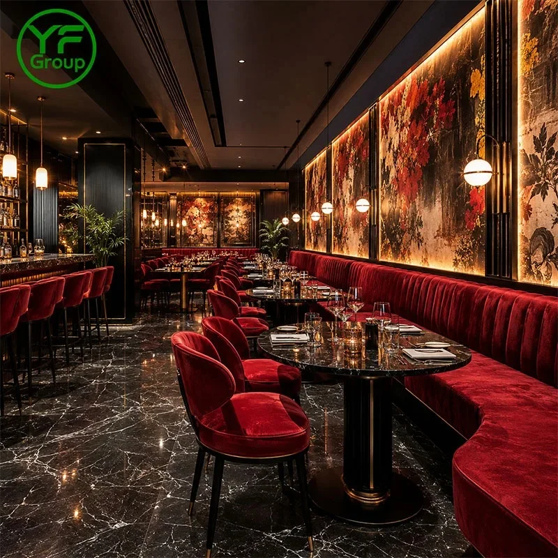 One-Stop Customization Restaurant Furniture Red Velvet Fabric Upholstered Booth Seating with Table Chair Set for Bistro Hotel